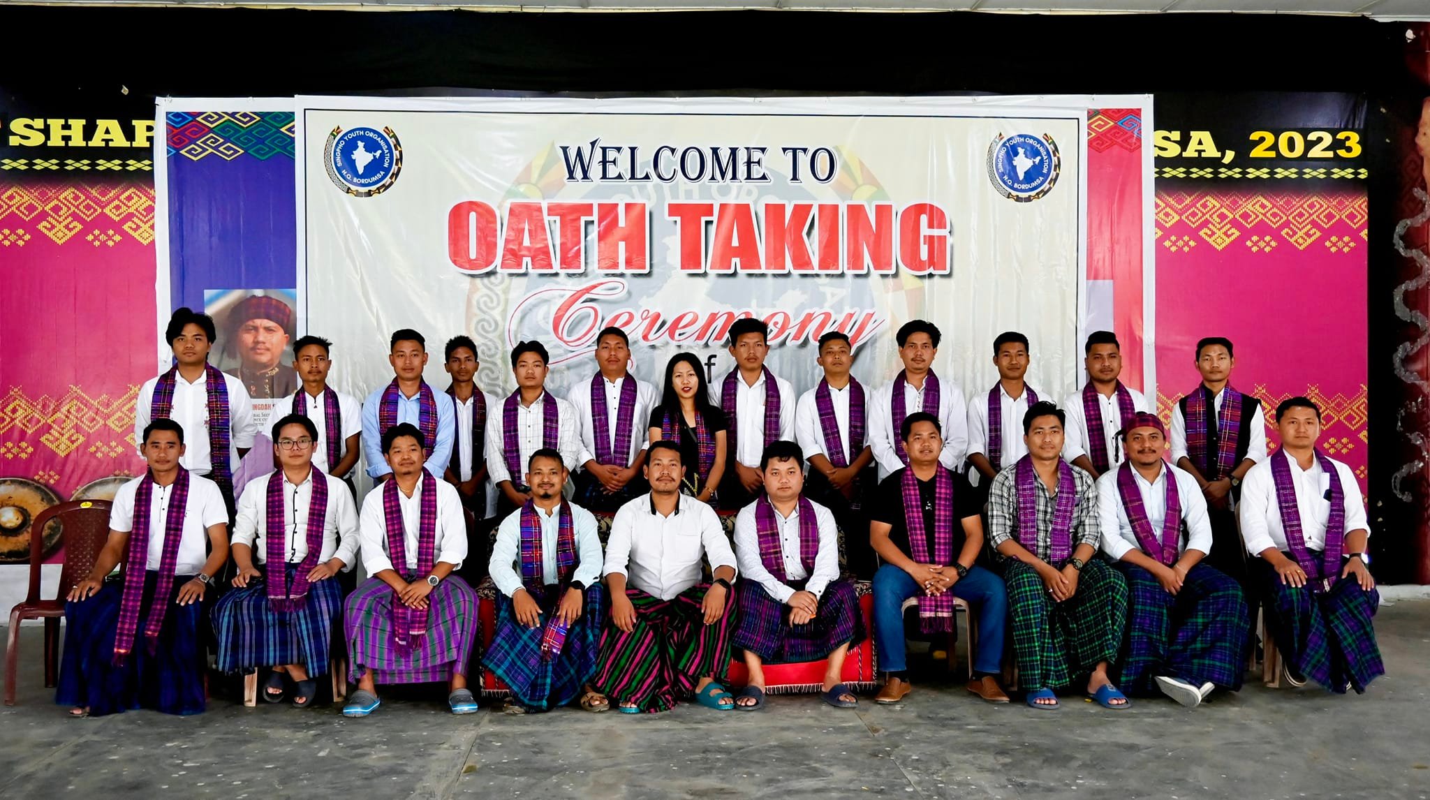 SYO Executive Committee — Oath Taking Ceremony, Bordumsa 2023. Members wearing traditional Singpho attire during the swearing-in ceremony.